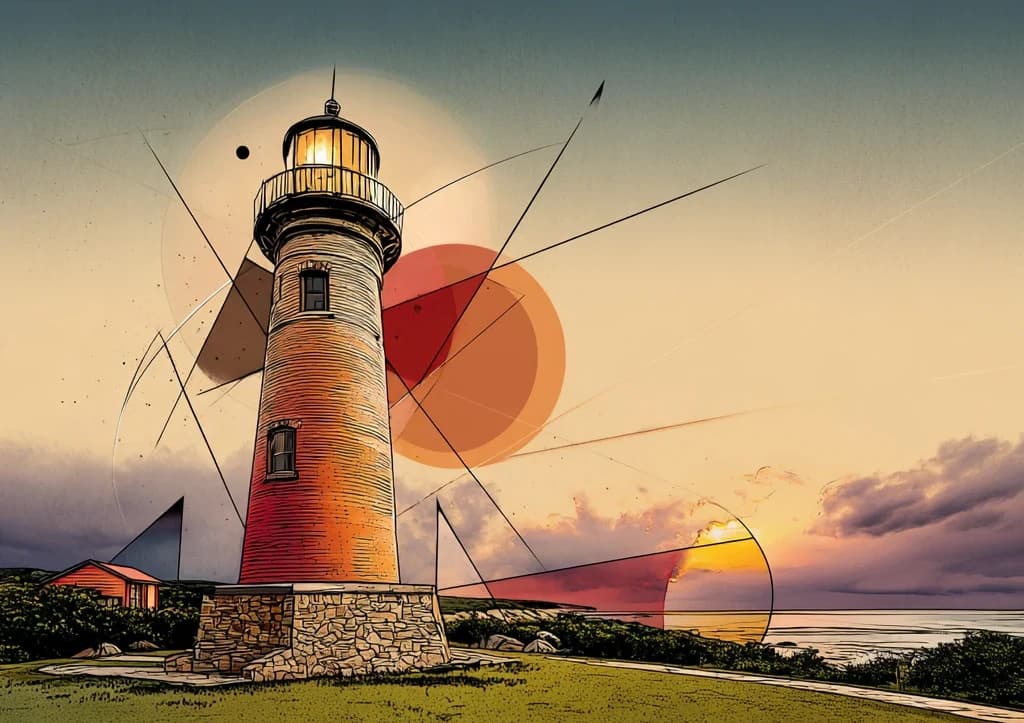 Stone lighthouse at dusk under thin construction lines and translucent discs.