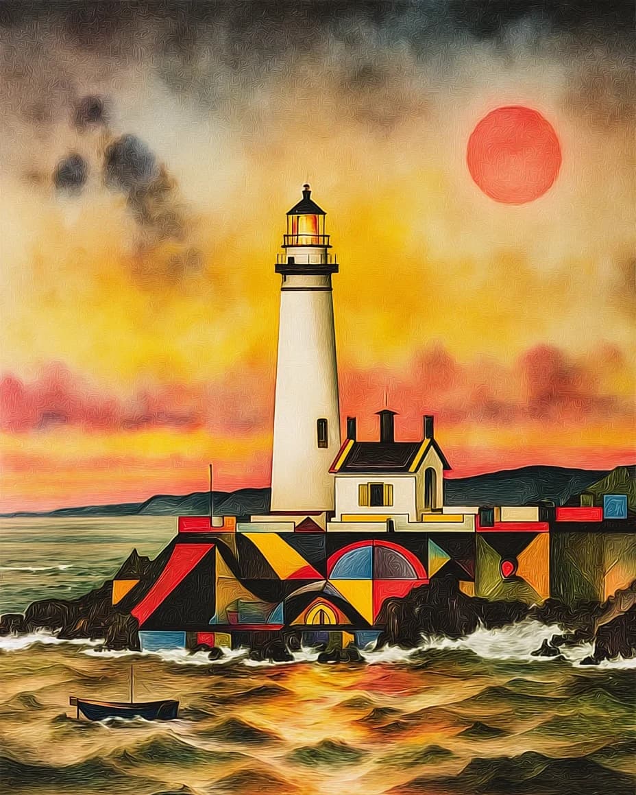 White lighthouse under a smoky sunset, the shoreline built from blocks of color.