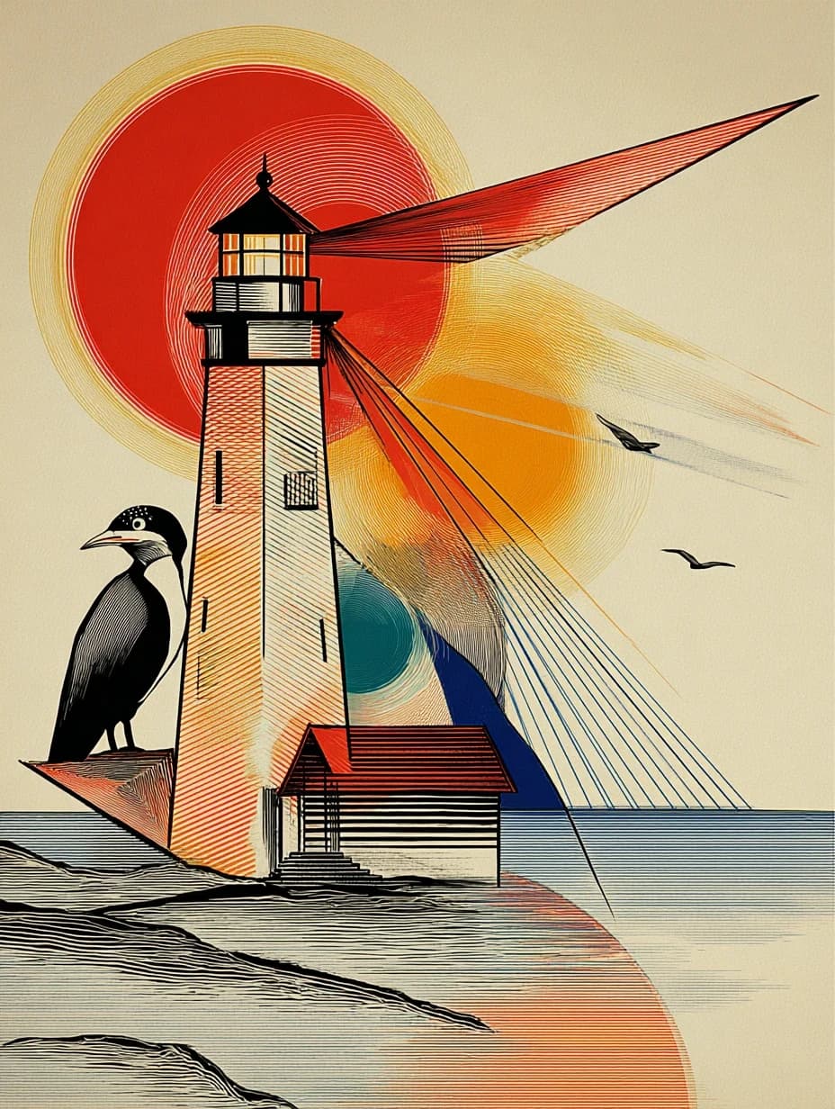 Etched lighthouse in front of a red sun, its beam drawn in fine red lines.